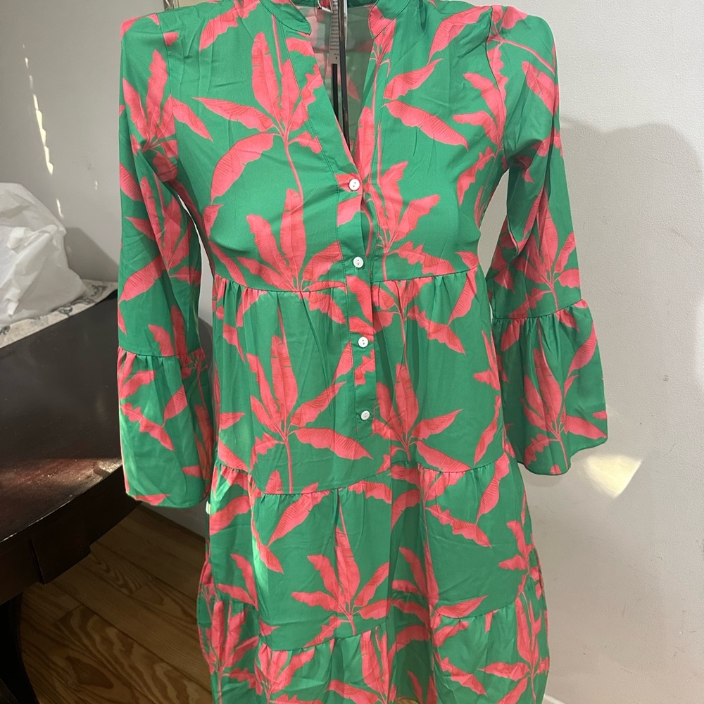 Green and Pink Buttoned Midi Sundress with Bell Sleeves